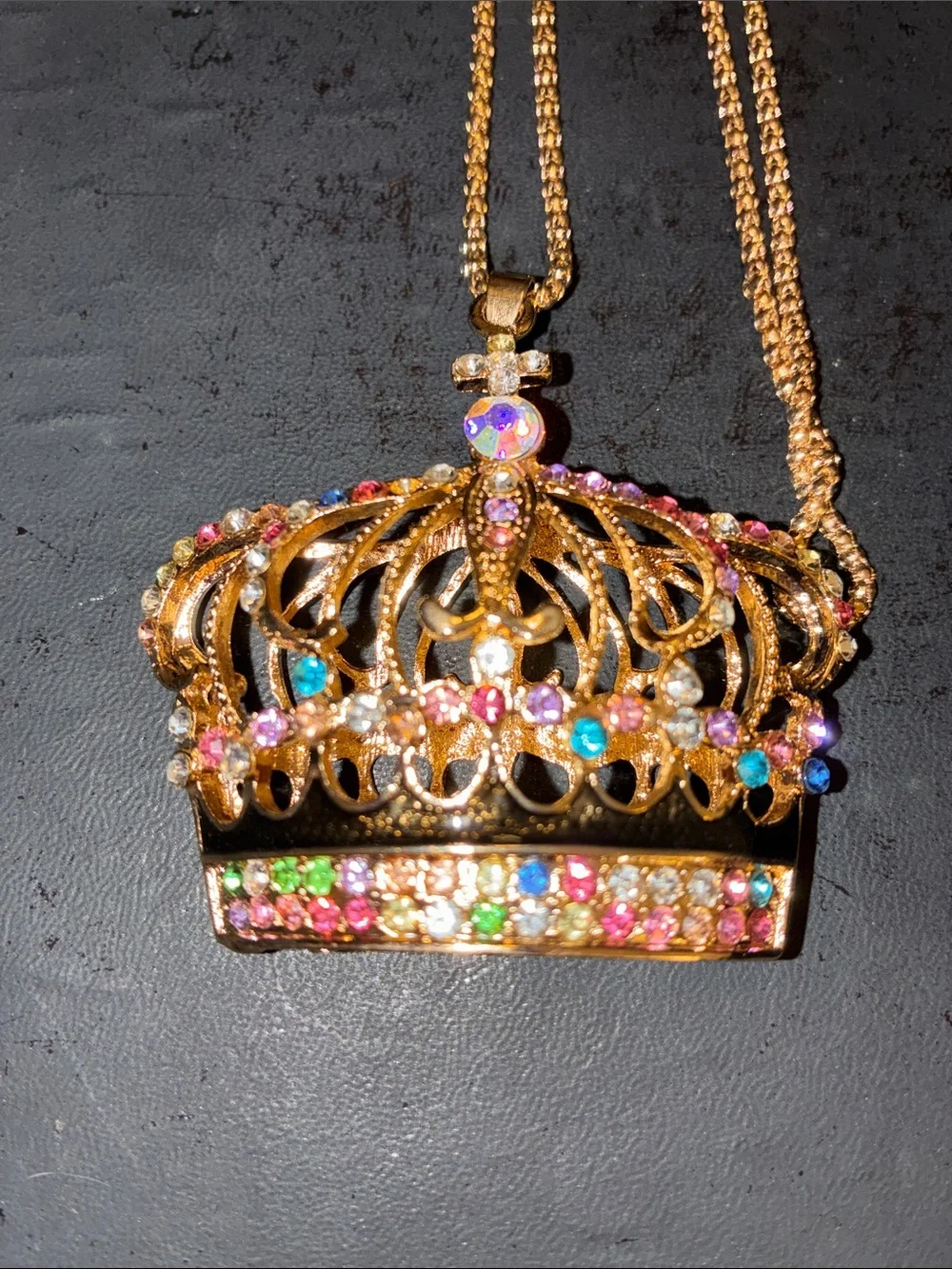 Gold Crown Pendant Necklace with Multicolor Crystals